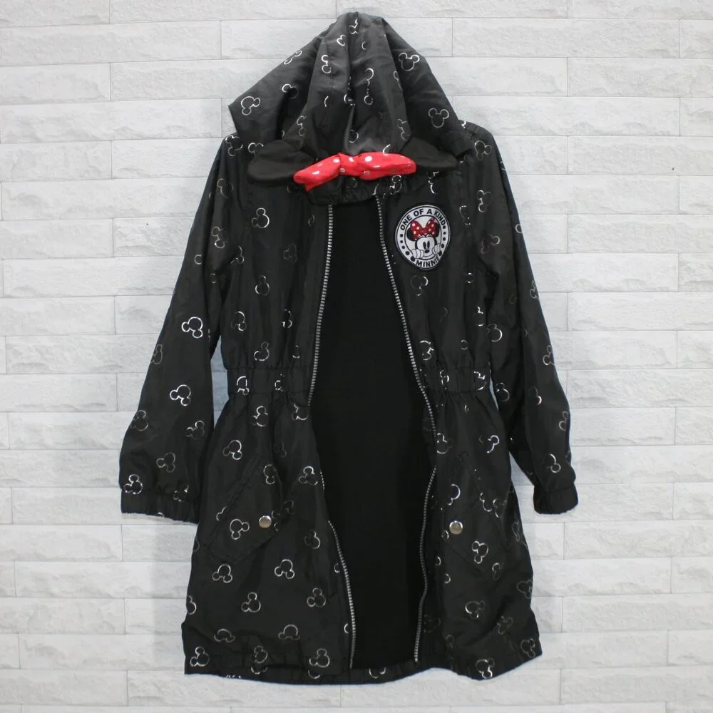 DISNEY Raincoat Kids Minnie Mouse Jacket Hooded Ears Bow Lightweight Black 6